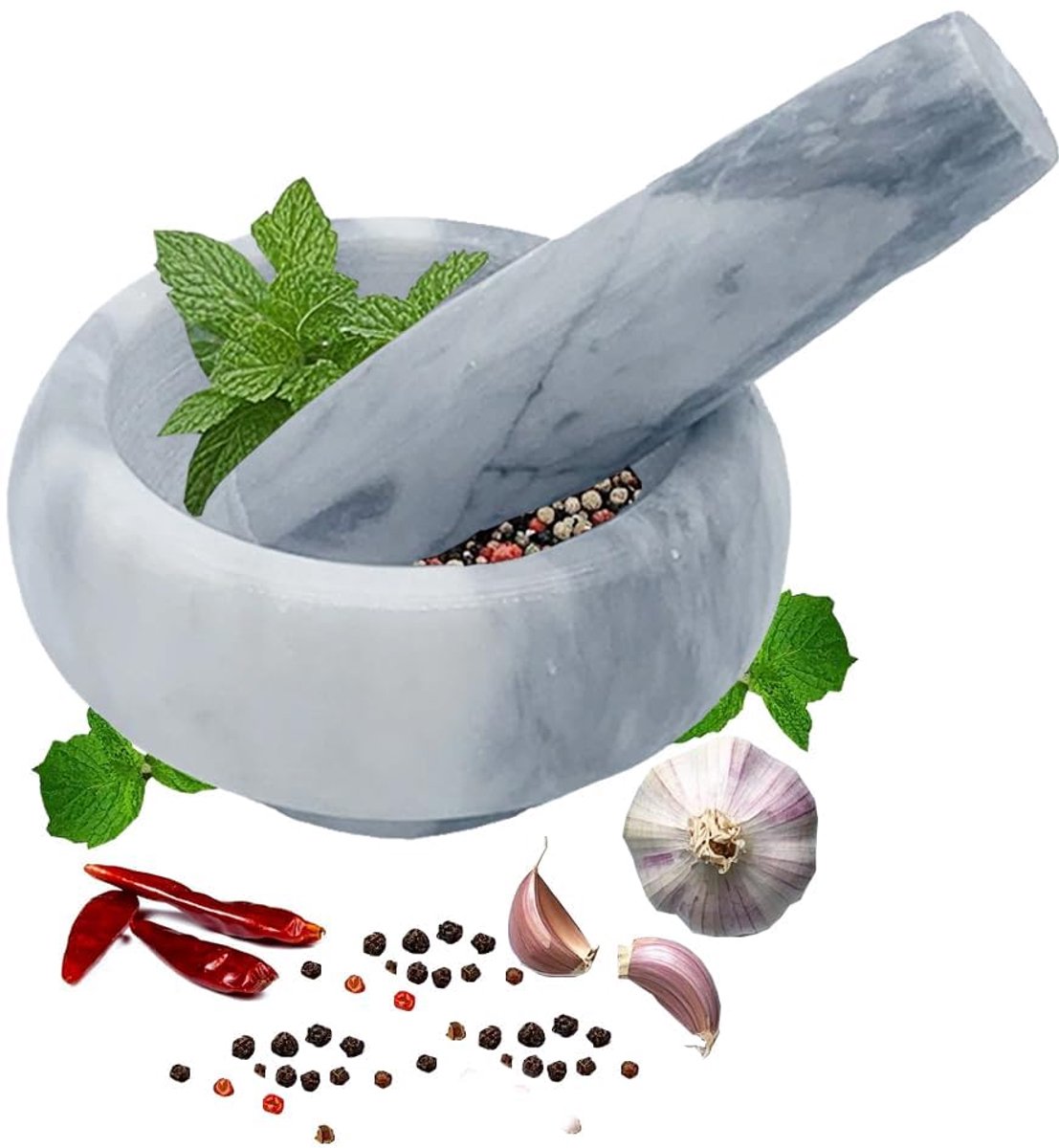 Vijzel met stamper, marmer, Ø 9 cm, grijs-wit, hoogwaardige steenvijzel voor specerijen en kruiden, antislip en robuust, natuursteen, keukenhulp, Ø 9 cm x 5 cm (grijs-wit)