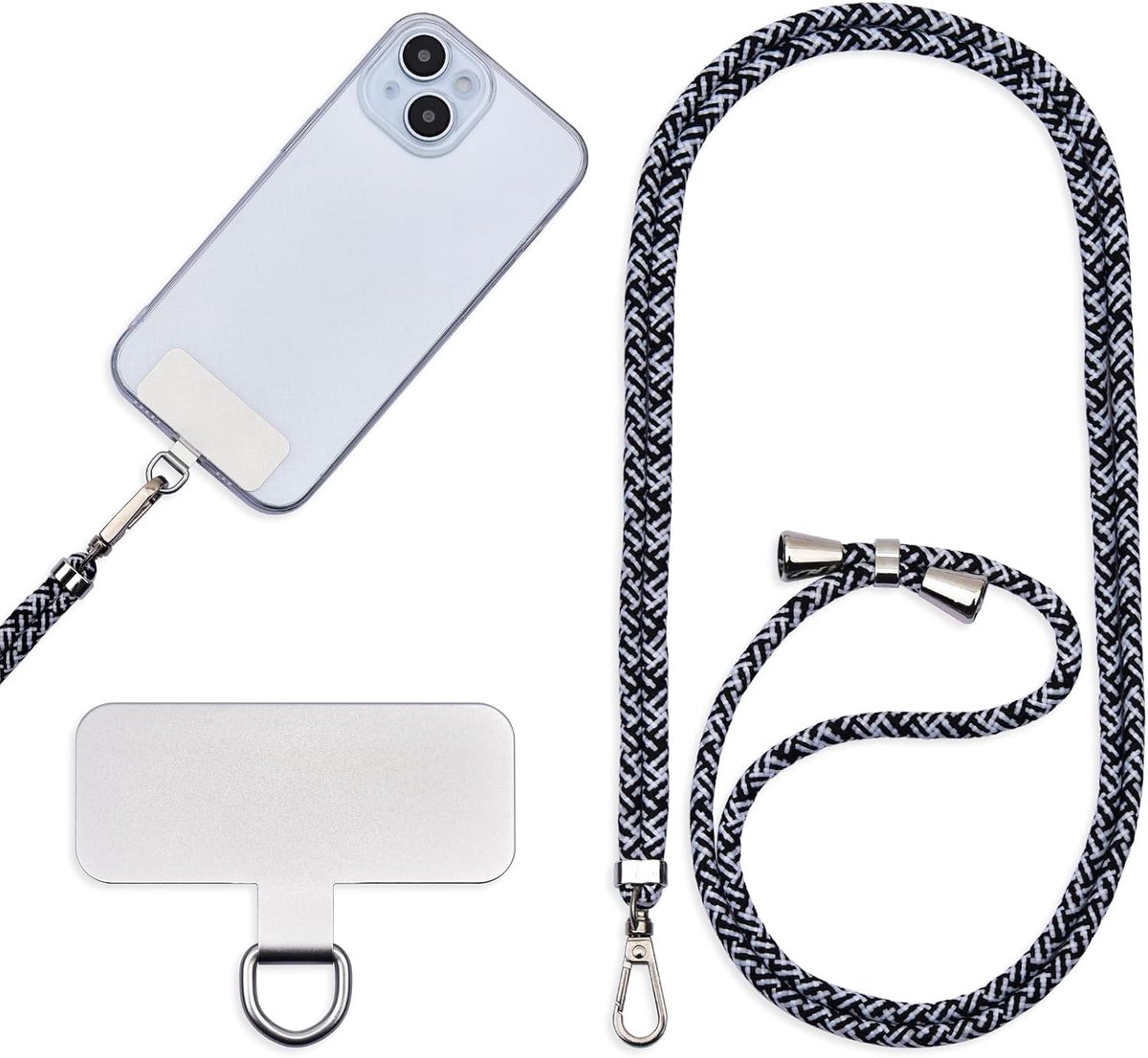 Telefoonkoord, hangend rond de nek of diagonaal spannen, met een metalen patch en verstelbaar en afneembaar touw.