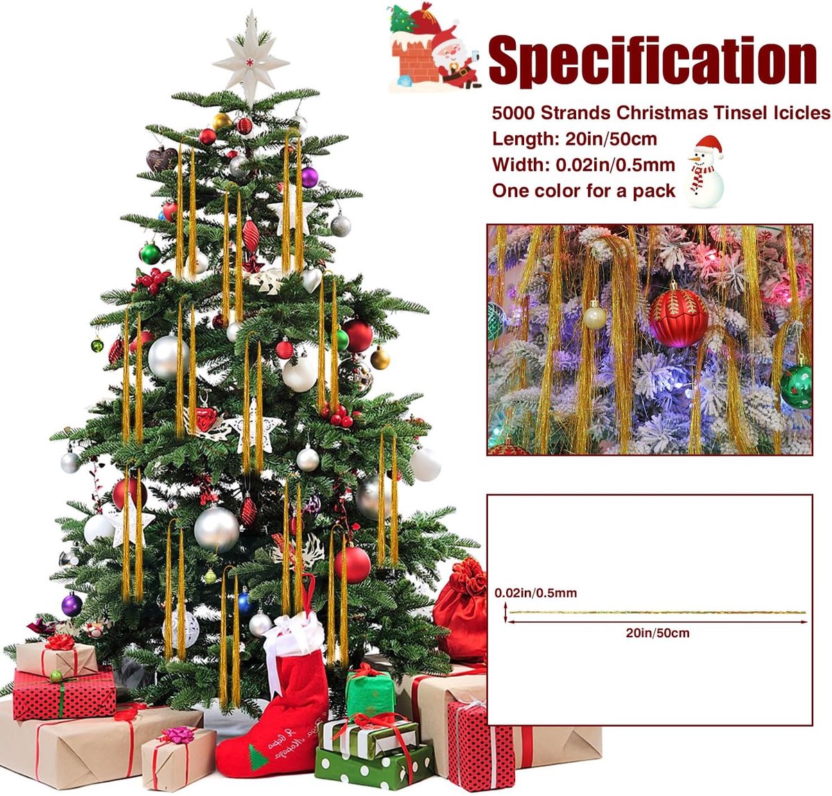 5000 strengen, lametta, ijspegels, kerstboom, glitterdecoraties, glinsterende lamettafolie, franjes voor thuis, feest, verjaardagsfeest, bruiloft (goud) – foto 2