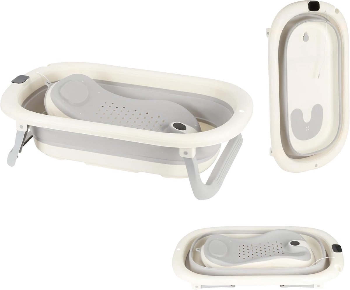 Badkuip met draagbaar afvoergat en waterthermometer, vrijstaand bad met ligstoel voor kinderen, staande badkuipen van PP + TPE kunststof (grijs 72 x 45 x 17 cm B)