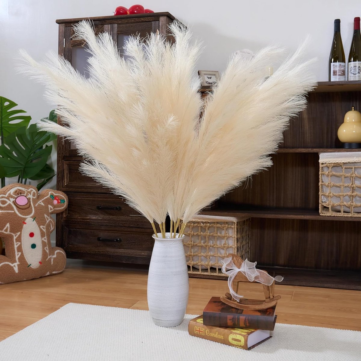 Set van 8 beige kunstpampasgras, 110 cm, grote pluizige kunstbloemen van pampa, lange kunstbloemen van veren voor boho-bruiloftsarrangement, woonkamerdecoratie