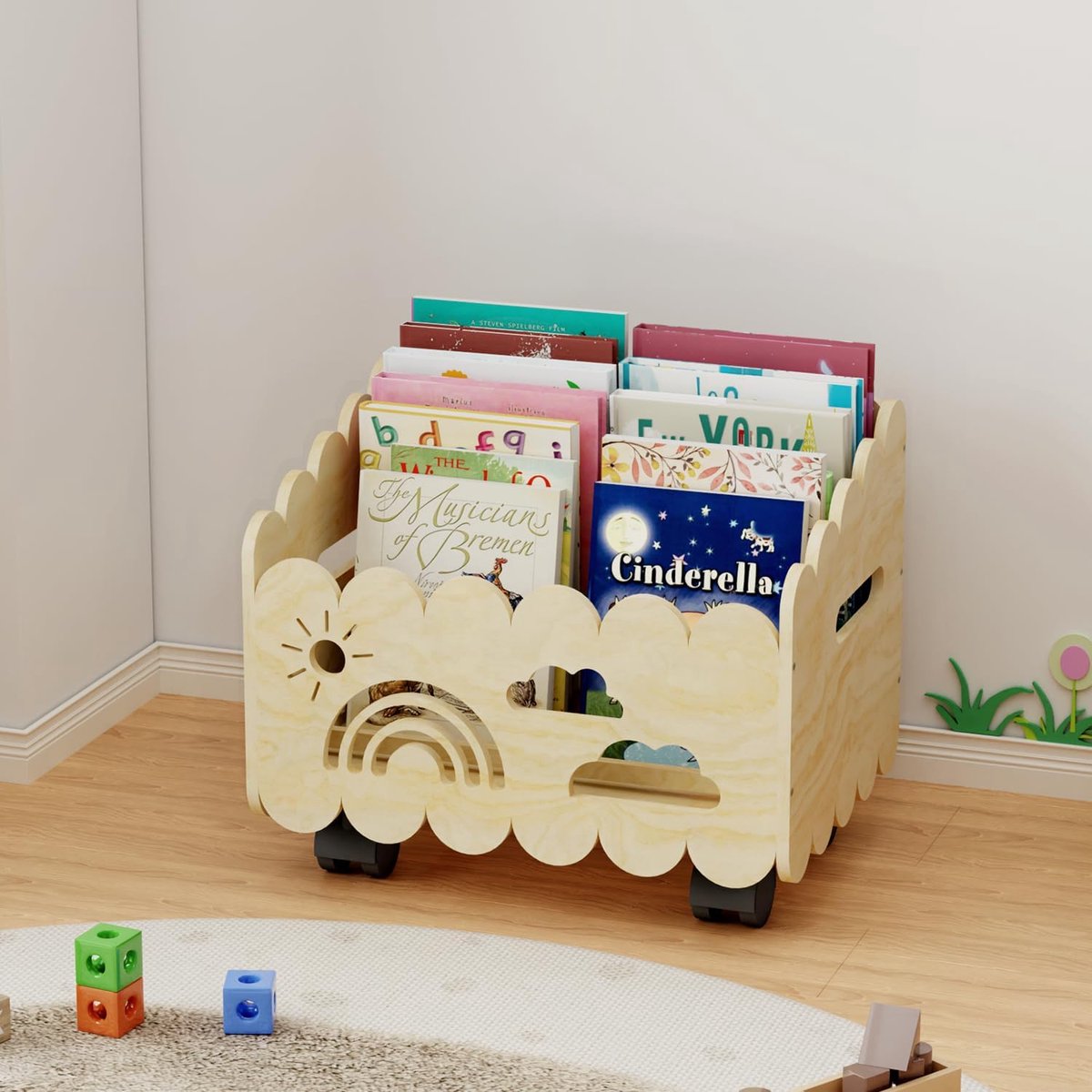 Plank voor kinderen, Montessori-boekenplank, met 2 verstelbare verdelers，4 wielen， geschikt voor kinderkamers，kinderkamer en klaslokaal,kinderboekenplank en speelgoedopslag