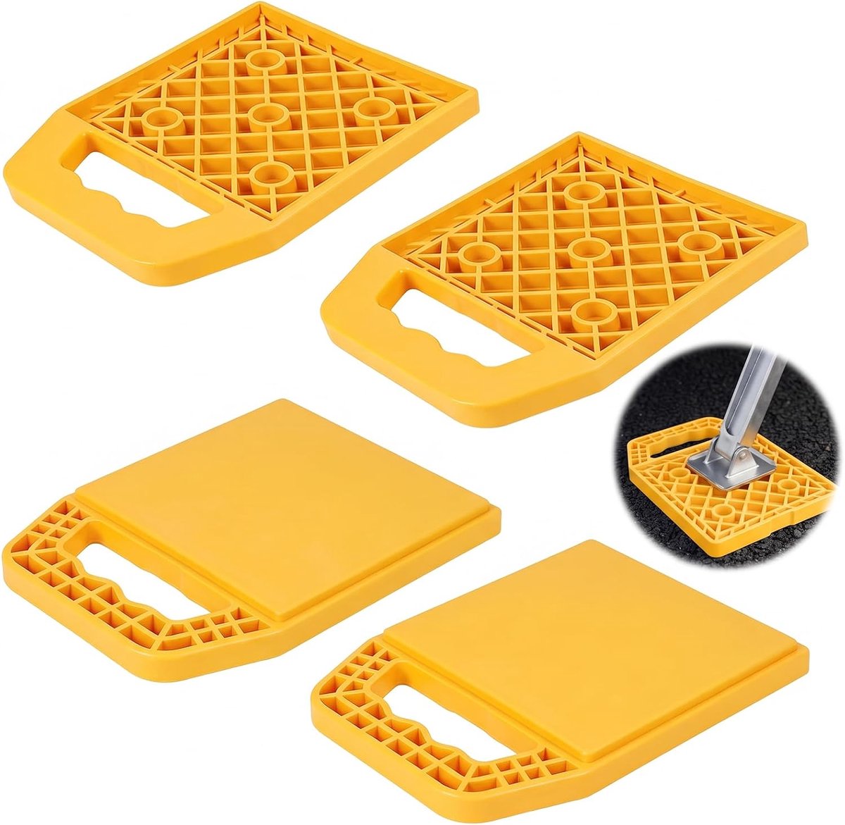 4 stuks steunplaten voor caravans, 23 x 17 x 2 cm, stapelbare legplaten met handgreep, robuuste kunststof krik-pads, voor het vastzetten van de zwengelsteun, geschikt voor camper en caravan (geel)