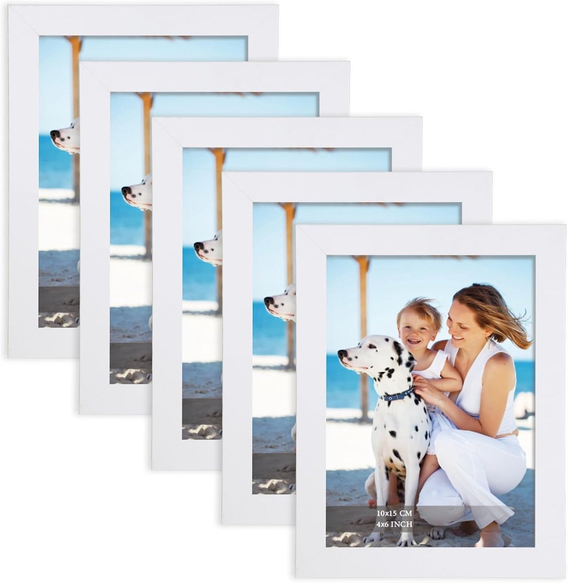 fotolijst 10x15 wit, MDF houten lijst, set van 5 stuks 10x15 cm witte fotolijsten, met helder acrylglas Moderne fotolijst, ideaal voor foto's/afbeeldingen/kunstwerken, verwisselbare lijsten