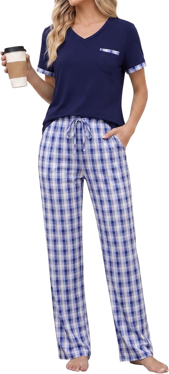 Pyjama voor dames, korte mouwen, geruite slaapbroek, lange pyjama, dames, zomer, pyjama's voor dames, nachtkleding, vrouwen, pyjama's