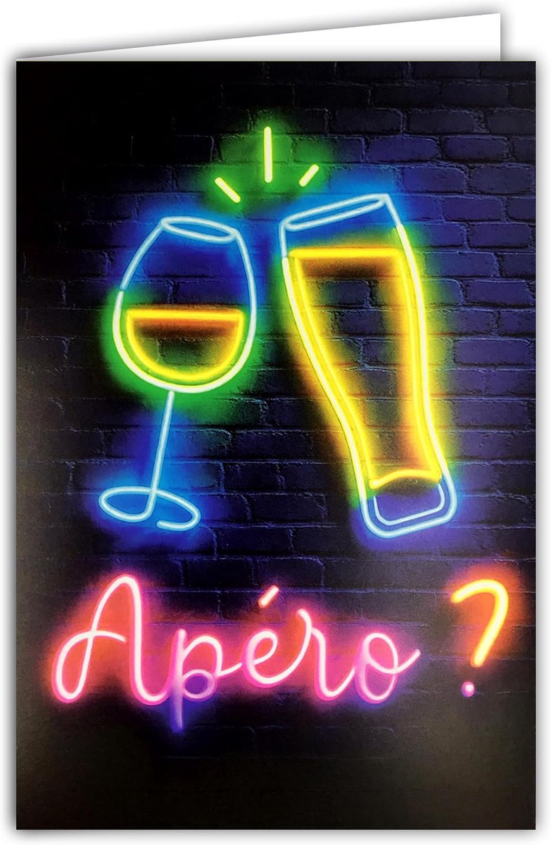 69-8121 Fluo-kaart, tekst Neon Apéro met envelop 12 x 17,5 cm, drinkbier, wijn, goede gezondheid, felicitaties, voorgerecht voor binnen, wit om te schrijven, echte fluo-inkten, gemaakt en geproduceerd