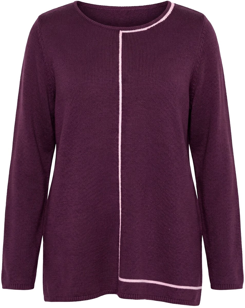 Ulla Popken - Dames - Trui decoratieve strepen ronde hals lange mouw - Nougat bruin - Maat 62+