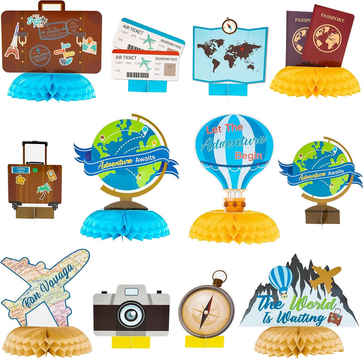12 Stuks Reisemotief Waben Middenstukken Tafeldecoratie Avontuur Wacht Feestversiering Wereldreis Fijne Reis Tafelversiering Foto Props Voor Laat Het