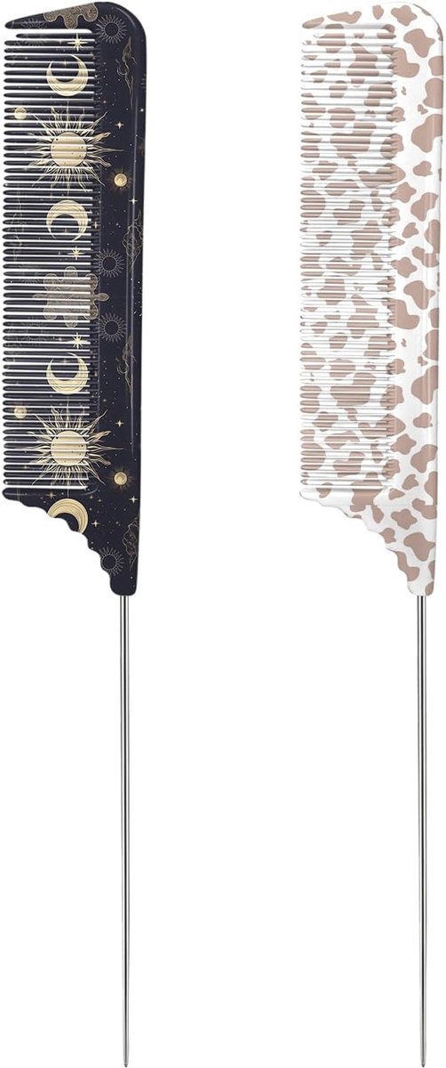 2 stuks rattenstaartkam, stalen pin rattenstaart, stylingkam, lichtgewicht sectioning fijne tandkam, schattig esthetisch ontwerp voor vrouwen, mannen en meisjes (15-koe StarMoon)