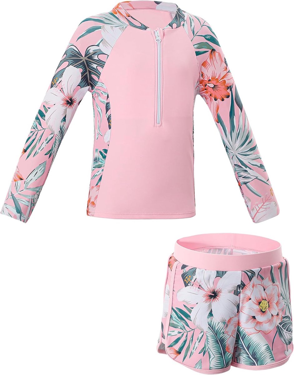 2 stuks meisjes rashguard badpak lange mouwen vest en shorts set UV-bescherming badmode