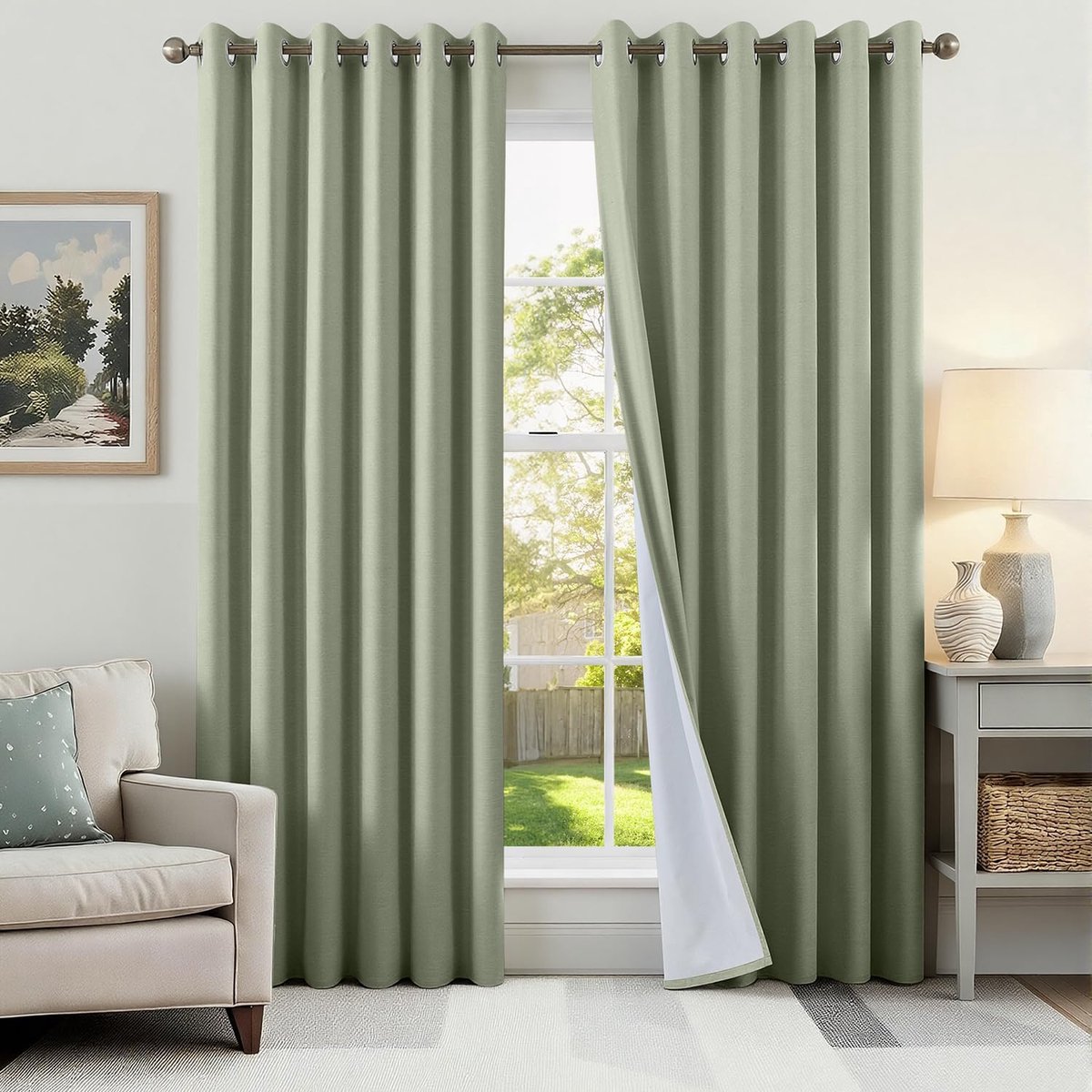 100% verduisteringsgordijn, linnen, warmte-isolerend, 2 stuks, 200 x 245 cm, met oogjes, saliegroen, anti-kou, UV, geluid, decoratie voor slaapkamer, woonkamer, verduisteringsgordijnen, 2