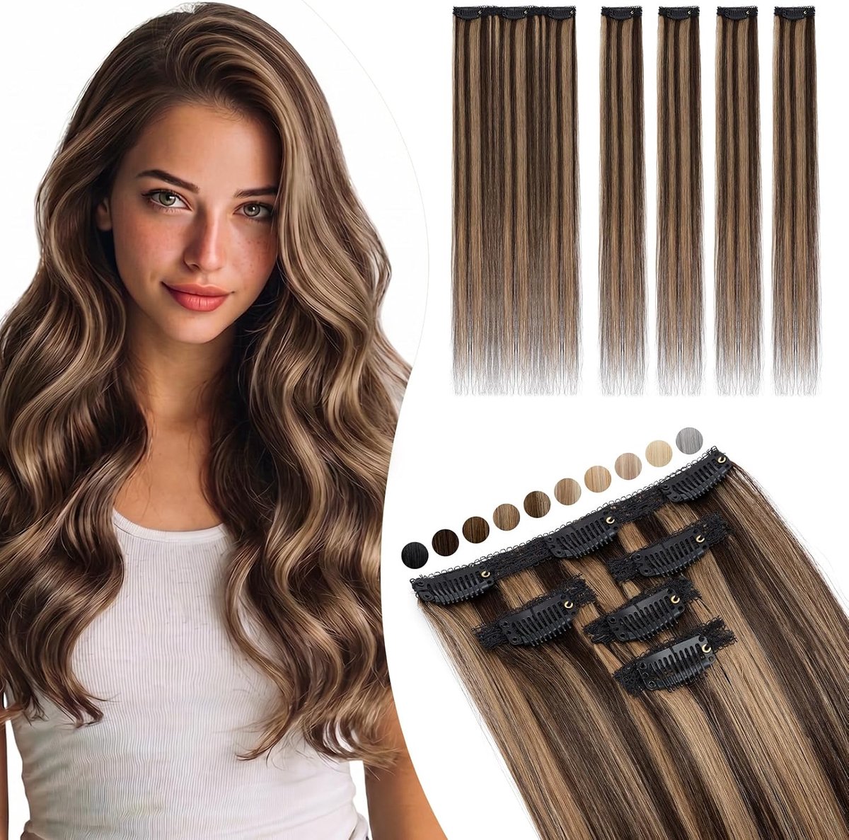 Clip in Extensions Echthaar Silk Lace in Tressen 5Stücke Haarverlängering Haardelen Onzichtbaar 36g 25cm voor Volume/Highlights #G Grijs