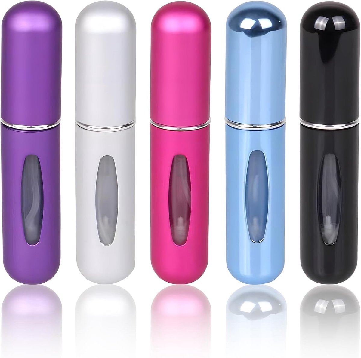 5 stuks 5 ml navulbare parfumverstuiver met kijkvenster, goed voor wandelingen, voor handtas, reizen, vakantie, vliegreizen (zwart, lichtblauw, roze, mat zilver, lpaars)