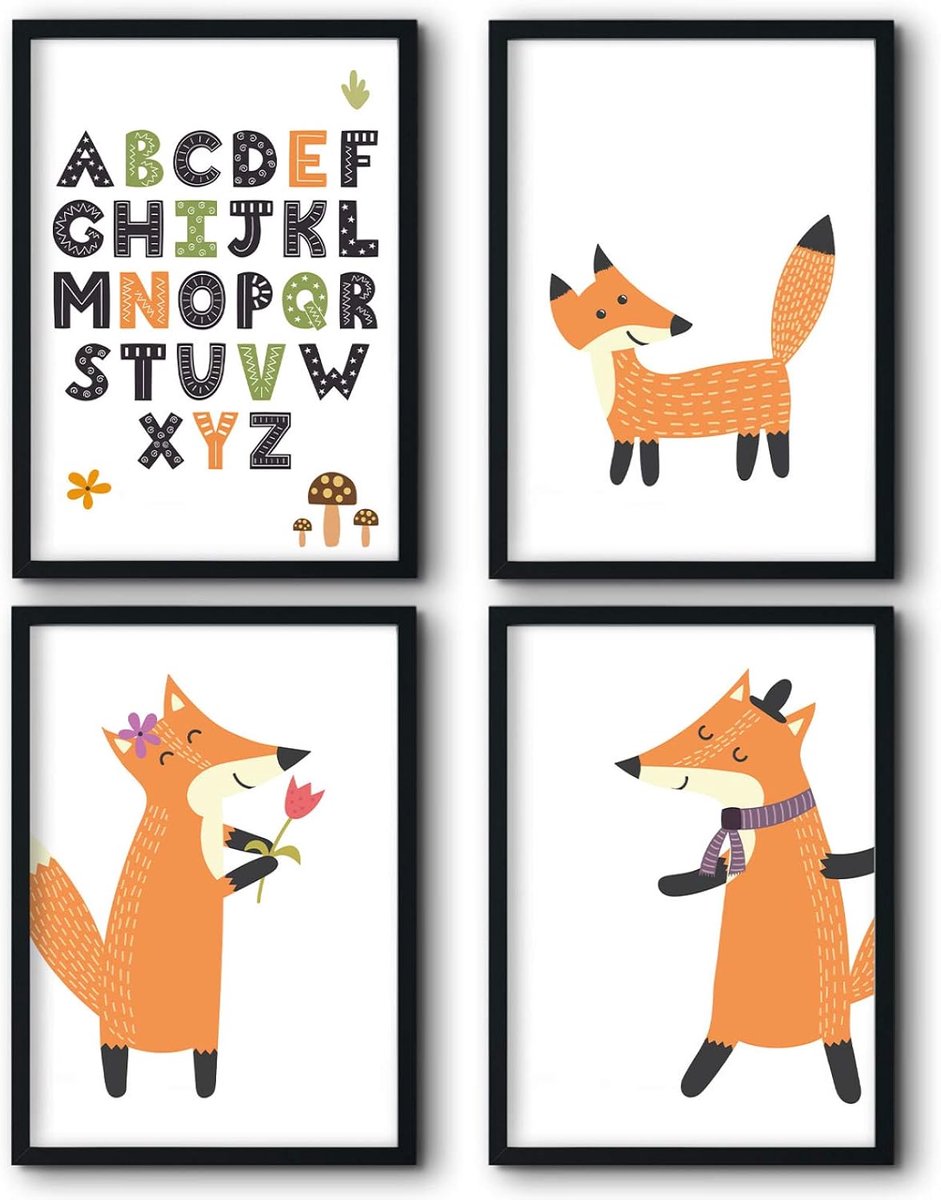 Bilderreich Set van 4 posters voor de kinderkamer, decoratieve foto's, babykamer, jongens en meisjes, kinderafbeelding voor de muur, 4 kant-en-klare afbeeldingen in zwarte lijst van hout, 4 x DIN A3, "vos alfabet"