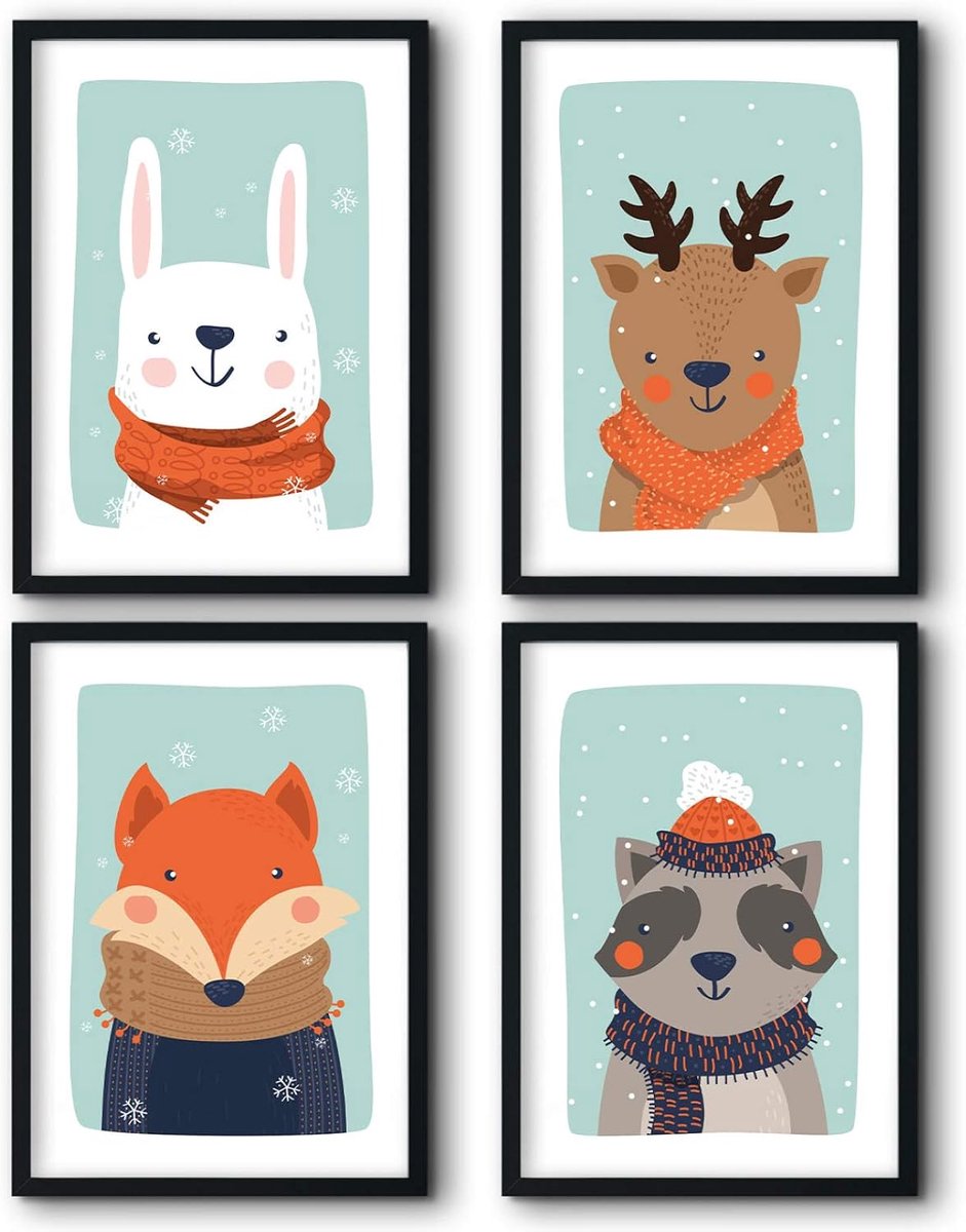 Bilderreich Set van 4 posters voor de kinderkamer, decoratieve afbeeldingen, babykamer, jongens en meisjes, kinderafbeelding voor aan de muur, 4 kant-en-klare afbeeldingen in zwarte lijst van hout, 4