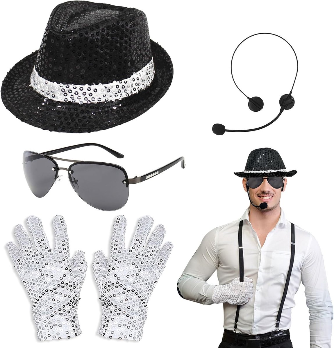 Kostuum accessoires volwassenen, dansen cosplay kostuum, King of Pop Fancy Dress Set met pailletten hoed hoofd microfoon zonnebril pailletten handschoenen, jaren 80 Rocker Star Sequin