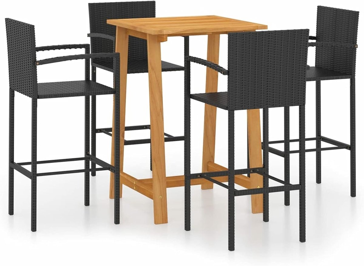Set 3/5/7 tuinbar voor buiten van polyrotan en hout, set voor tafel en barstoelen, van polyrotan, tafelset van hout en 2/4/6 zitstangen voor buiten