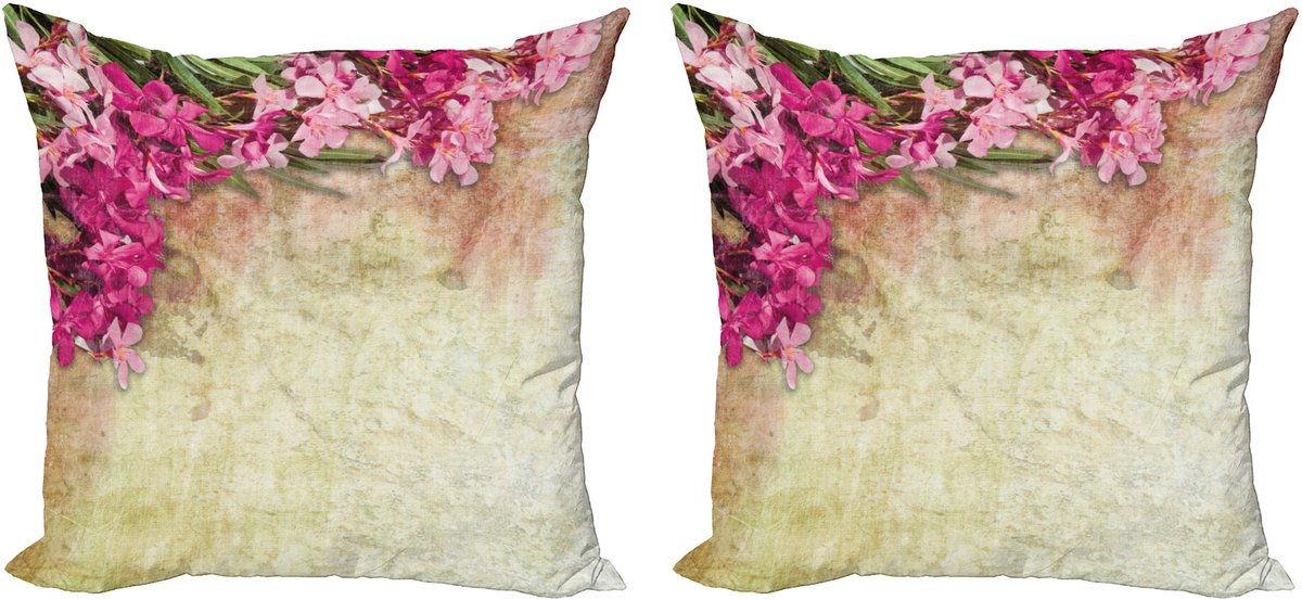 ABAKUHAUS Retro Sierkussenhoes Set van 2, Vintage Oleander Bloemen, Modern Accent Dubbelzijdige Digitale Print, 45x45, Roze Groen Blassgelb
