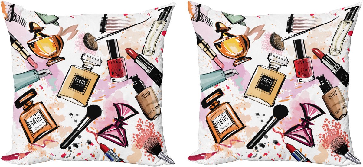 ABAKUHAUS Mode Sierkussenhoes Set van 2, Kosmetik Make up Thema, Modern Accent Dubbelzijdige Digitale Print, 45x45, Meerkleurig