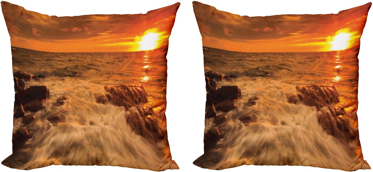 ABAKUHAUS Seestück Sierkussenhoes Set van 2, Oceaan met Felsen bei Zonsondergang, Modern Accent Dubbelzijdige Digitale Print, 45x45, Oranje en Geel