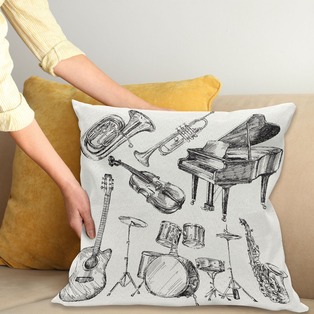 ABAKUHAUS Beige Zwart Kussenhoes, Musikinstrumente, Kussenhoezen met Dubbelzijdige Print Kleurecht Wasbaar en Ritssluiting, 45 x 45 cm, Zwart Beige