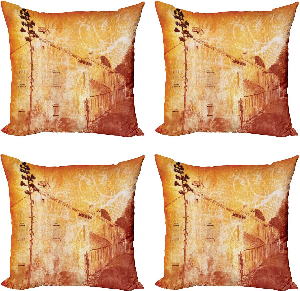 ABAKUHAUS Oranje Sierkussen Kussenhoes 4er Set, Retro Französisch Straße, Modern Accent Dubbelzijdige Digitale Print, 40 x 40 cm, Lichtbruin