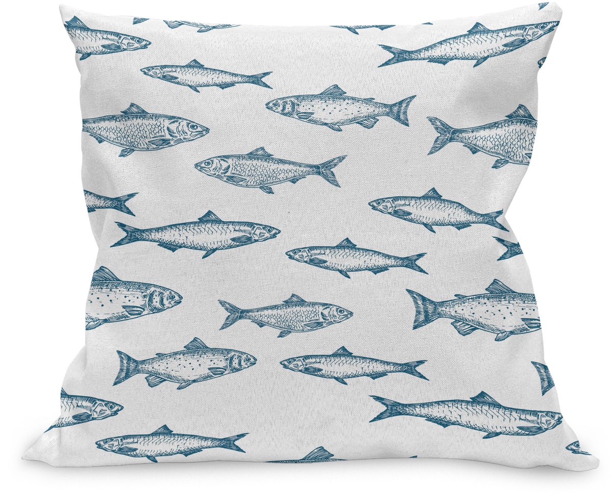 ABAKUHAUS Angeln Kussenhoes, Vis Schets Maritiem Thema, Kussenhoes met Ritssluiting en Dubbelzijdige Print, 45 x 45 cm, Slate Blauw Wit