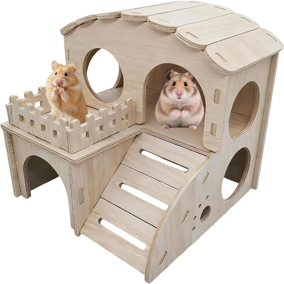 Hamsterhuis van hout, twee verdiepingen hamsterschuilplaats, houten huis voor cavia's, hut voor dwerghamsters, gerbo, eekhoorns