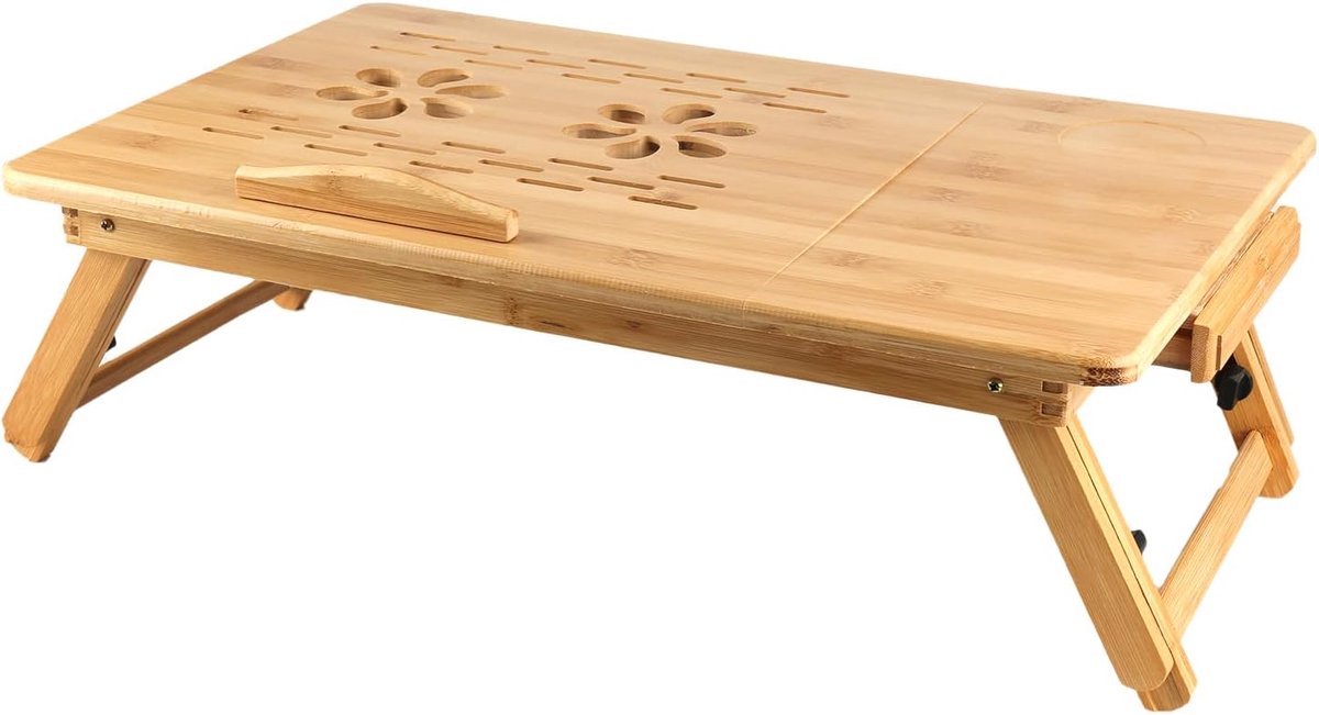 Kleine laptoptafel, computertafel, in hoogte verstelbare poten, plank, dienblad voor ontbijt (66 x 35 x 30 cm, houtkleur)