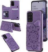 Voor Samsung Galaxy S20 + bloem reliëf patroon schokbestendig beschermhoes met houder & kaartsleuven & fotolijst (paars)