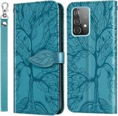 Voor Samsung Galaxy A52 5G Life of Tree Embossing Pattern Horizontale Flip Leather Case met houder & kaartsleuf & portemonnee & fotolijst & Lanyard (Lake Blue)