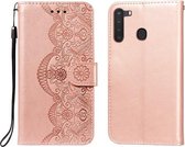 Voor Samsung Galaxy A21 Flower Vine Embossing Pattern Horizontale Flip Leather Case met Card Slot & Holder & Wallet & Lanyard (Rose Gold)