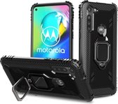 Voor Motorola Moto G8 Power koolstofvezel beschermhoes met 360 graden roterende ringhouder (zwart)