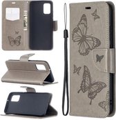 Voor Samsung Galaxy A02s (EU-versie) Embossing Two Butterflies Pattern Horizontale Flip PU lederen tas met houder & kaartsleuf & portemonnee & lanyard (grijs)