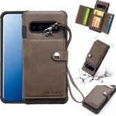 Voor Galaxy S10 Plus schokbestendige pc + TPU beschermhoes, met kaartsleuven & portemonnee & fotolijst & lanyard (donkerbruin)