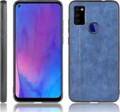 Voor Galaxy M51 schokbestendig naaien koe patroon huid PC + PU + TPU Case (blauw)