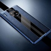 Voor Huawei Mate 30 eerste laag koeienhuid + glazen achterkant beschermhoes (blauw)