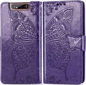 Butterfly Love Flowers Embossing Horizontale Flip Leather Case voor Galaxy A80 / A90, met houder & kaartsleuven & portemonnee & lanyard (donkerpaars)
