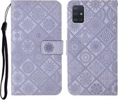 Voor Samsung Galaxy A51 etnische stijl reliëf patroon horizontale flip lederen tas met houder & kaartsleuven & portemonnee & lanyard (paars)