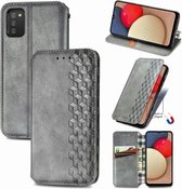 Voor Samsung Galaxy A02s (US Edition) Cubic Grid Pressed Horizontal Flip Magnetic PU Leather Case met houder & kaartsleuven & portemonnee (grijs)