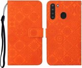 Voor Samsung Galaxy A21 etnische stijl reliëf patroon horizontale flip lederen tas met houder & kaartsleuven & portemonnee & lanyard (oranje)