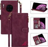 Voor Huawei Mate 30 Pro Rits Multi-kaartsleuven Horizontale Flip PU lederen hoes met houder & kaartsleuven & portemonnee & lanyard & fotolijst (wijnrood)