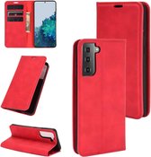 Voor Samsung Galaxy S21 retro-skin zakelijke magnetische zuignap lederen tas met houder en kaartsleuven en portemonnee (rood)