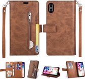 Voor iPhone X / XS Multifunctionele Rits Horizontale Flip Leren Case met Houder & Portemonnee & 9 Kaartsleuven & Lanyard (Bruin)