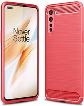 Voor OnePlus Nord TPU Case met geborsteld textuur koolstofvezel (rood)