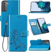 Vierbladige sluiting reliëf gesp Mobiele telefoon bescherming lederen tas met lanyard & kaartsleuf & portemonnee & beugel functie voor Samsung Galaxy S30 Plus (blauw)