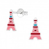 Oorbellen meisje | Zilveren kinderoorbellen | Zilveren oorstekers, roze Eiffeltoren