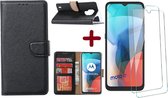 Moto E7 hoesje - Moto E7 wallet case portemonnee - Moto E7 bookcase cover Zwart met - Moto E7 screenprotector / 2 pack tempered glass