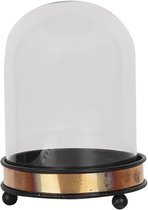 HAES DECO - Decoratieve glazen stolp met zwart metalen voet en goudkleurige ring, diameter 11 cm en hoogte 15 cm - ST028211