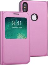 Voor iPhone X / XS Litchi Texture horizontale lederen flip-hoes met oproepweergave-ID (roze)